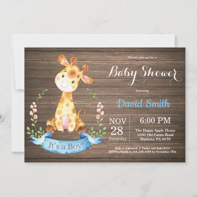 Rustic Boy Giraffe Baby Shower Invitation (Front)