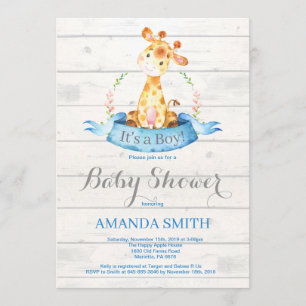 Rustic Boy Giraffe Baby Shower Invitation Blue