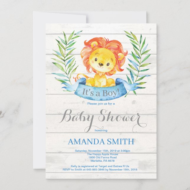 Rustic Boy Lion Baby Shower Invitation Blue (Front)