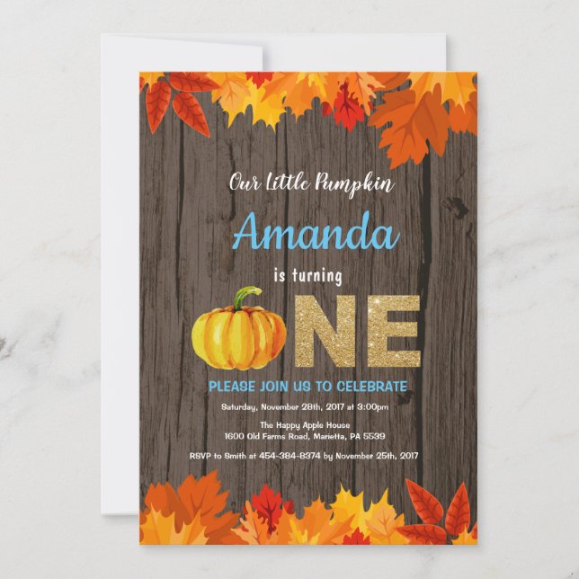 Rustic Boy Pumpkin Fall Birthday Invitation Gold (Front)