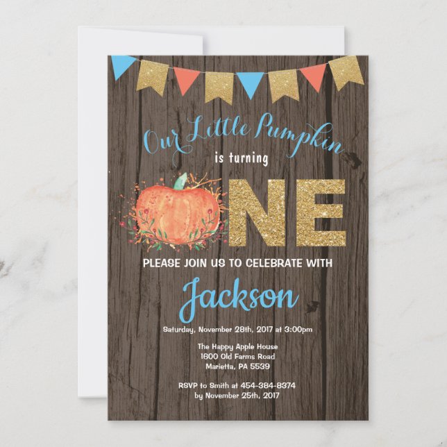 Rustic Boy Pumpkin Fall Birthday Invitation Gold (Front)