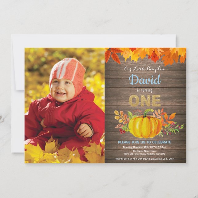 Rustic Boy Pumpkin Fall First Birthday Gold Invitation (Front)