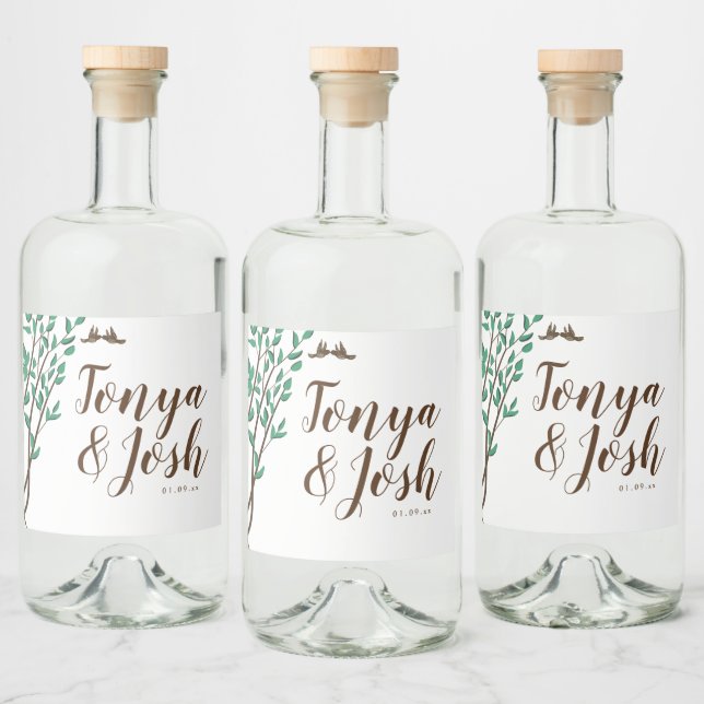 Rustic Branches and Greenery Love Birds Wedding Liquor Bottle Label (Bottles)