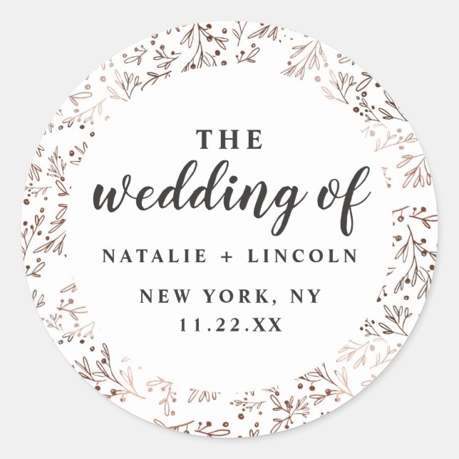 Rustic Branches Copper Foil Autumn Fall Wedding Classic Round Sticker (Front)