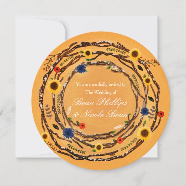 Rustic Branches & Floral Yellow Wedding Invitation (Front)
