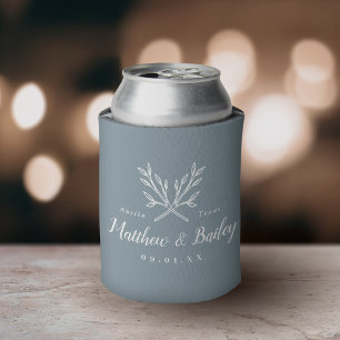 Rustic Branches Wedding Monogram Dusty Blue Can Cooler