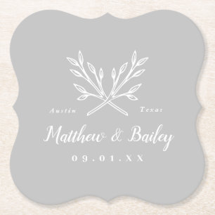 Rustic Branches Wedding Monogram Grey Paper Coaster