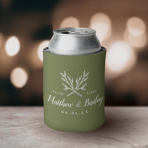 Rustic Branches Wedding Monogram   Olive Green Can Cooler