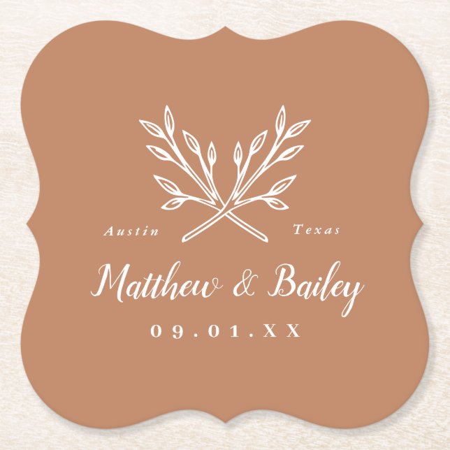 Rustic Branches Wedding Monogram | Terra Cotta Paper Coaster (Front)