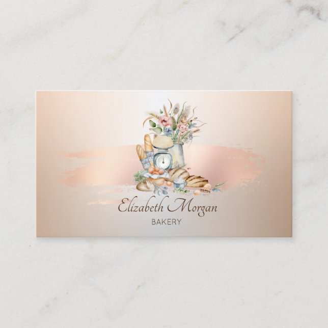 Rustic Breads Flower Rose Gold Brush Stroke Bakery Business Card (Front)
