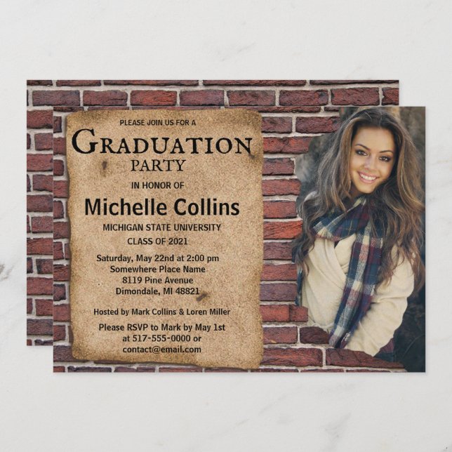 Rustic Brick Graduation Invitation (Front/Back)