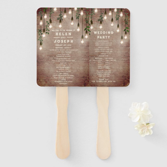 Rustic Brick Vintage Lightbulb Wedding Program Hand Fan (Front and Back)