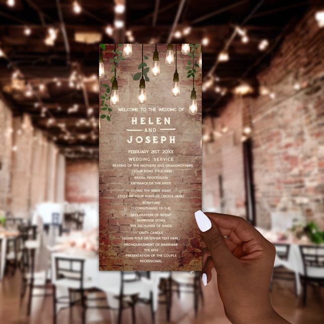 Rustic Brick Vintage Lightbulbs Wedding Programme (Creator Uploaded)