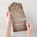 Rustic Brick Vintage Lightbulbs Wedding RSVP QR All In One Invitation<br><div class="desc">Vintage edison bulbs decorated with botanical greenery at top over rustic brick background.  QR code on RSVP card.</div>