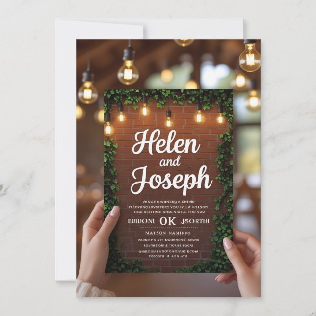 Rustic Brick Wall & String Lights Wedding Invitati Invitation (Front)