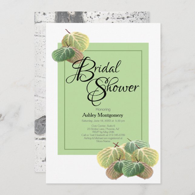 Rustic Bridal Shower Aspen Bark Leaves Green Invitation (Front/Back)