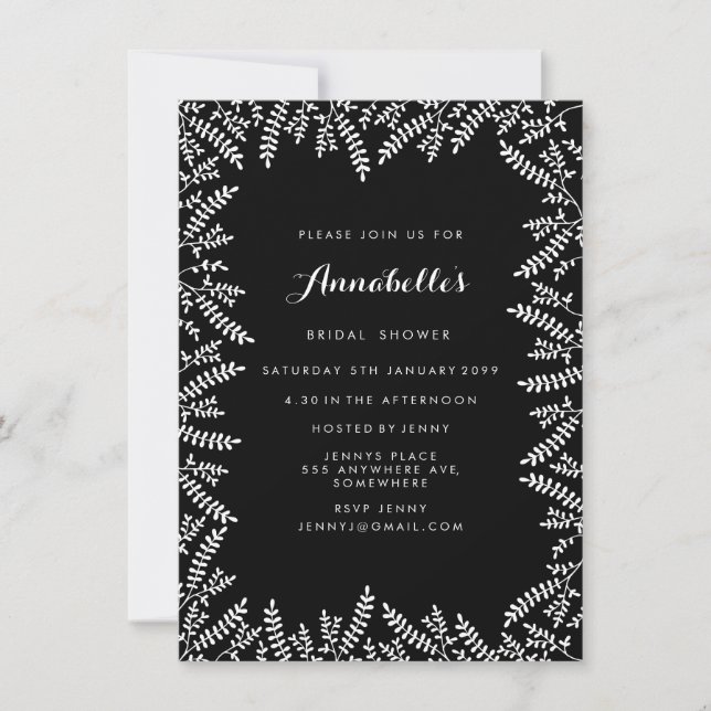 Rustic Bridal Shower Black & White Leaves Invitation (Front)