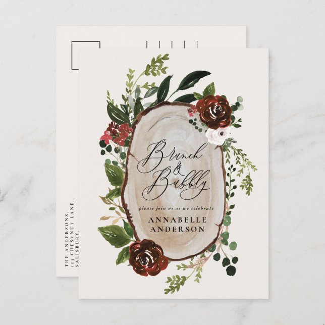 Rustic bridal shower brunch and bubbly burgundy announcement postcard (Front/Back)