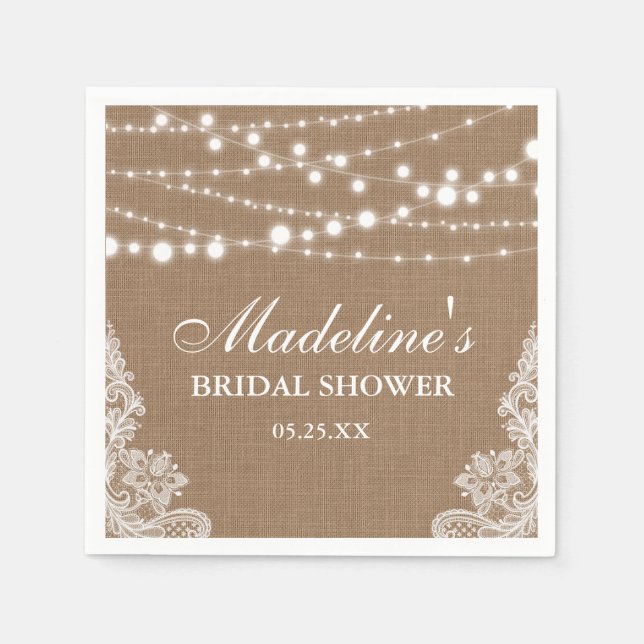 Rustic Bridal Shower Burlap String Lights Lace Napkin (Front)