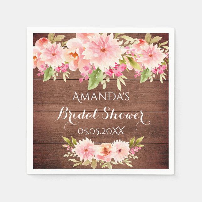 Rustic bridal shower coral dahlia flowers brown napkin (Front)