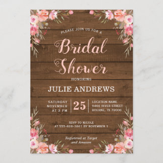 Rustic Bridal Shower Country Chic Pink Floral Wood Invitation