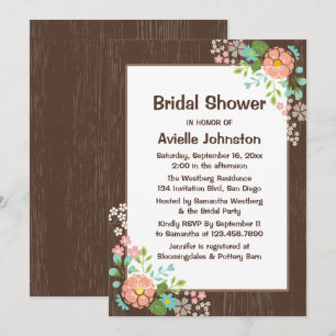 Rustic Bridal Shower Floral Brown Wood Wedding Invitation