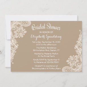 Rustic Bridal Shower Floral Lace Brown & White Invitation