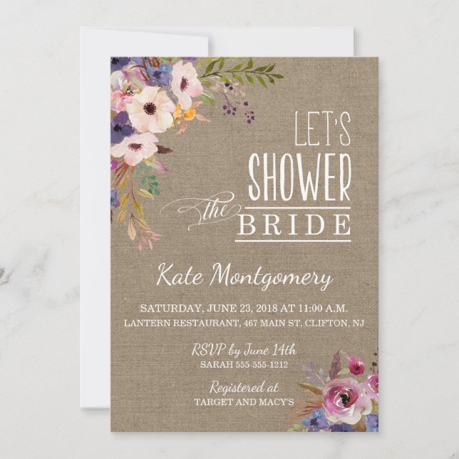 Rustic Bridal Shower flowers on burlap Invitation (Front)
