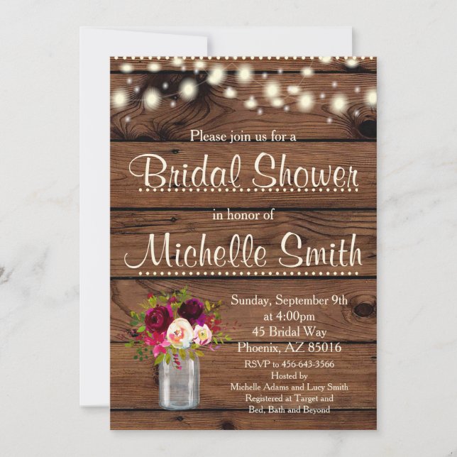 Rustic Bridal Shower Invitation, Boho, Burgundy Invitation (Front)