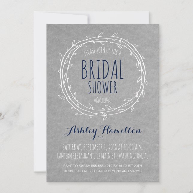 Rustic Bridal Shower invitation in Grey and Navy (Front)