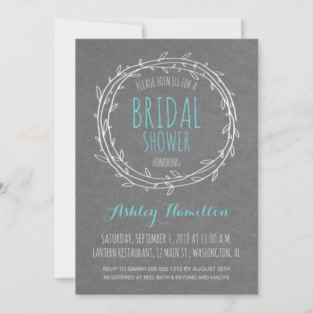 Rustic Bridal Shower invite in Grey and Turquoise (Front)