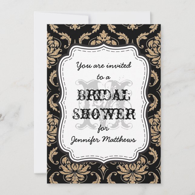 Rustic Bridal Shower Monogram Damask Invitation (Front)