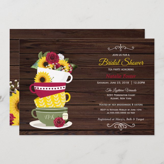 Rustic Bridal Shower Tea Party Roses & Sunflowers Invitation (Front/Back)