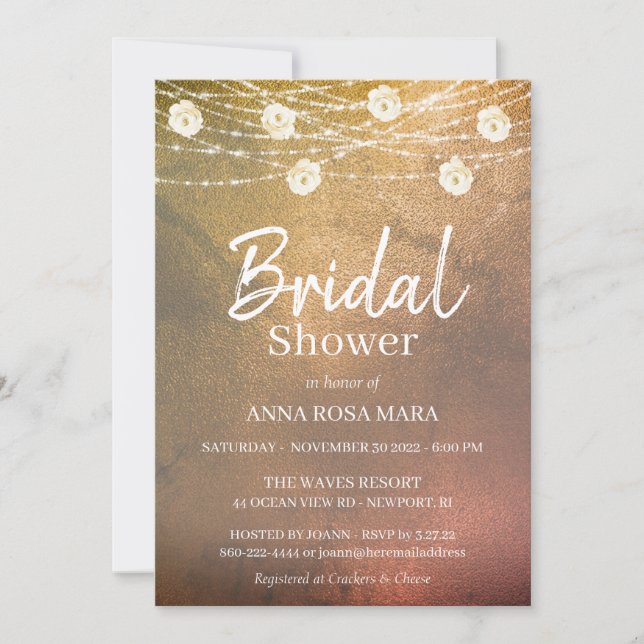 *~* Rustic Bridal Shower White Rose String Lights Invitation (Front)