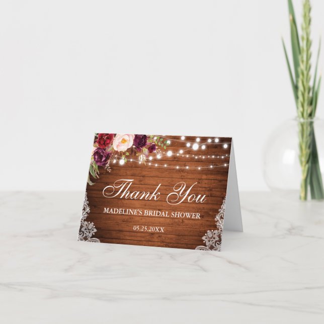 Rustic Bridal Shower Wood Lace Floral Thanks N Thank You Card (Front)