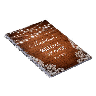 Rustic Bridal Shower Wood Lights Lace Gift List Spiral Notebook
