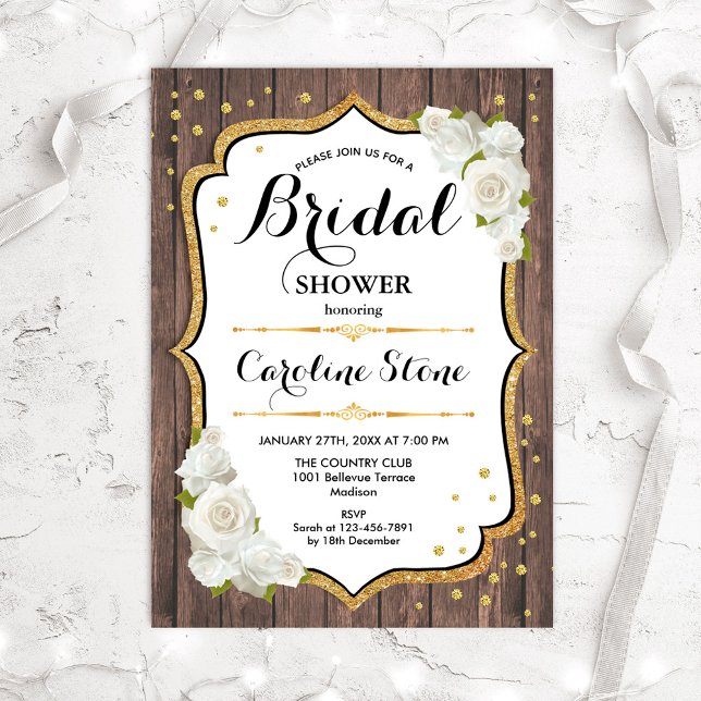 Rustic Bridal Shower - Wood White Roses Invitation (Creator Uploaded)