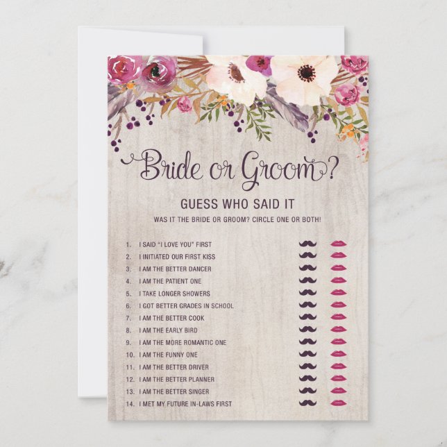 Rustic Bride or Groom Boho Bridal Shower Game Invitation (Front)