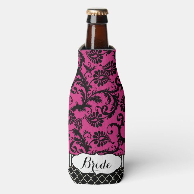 Rustic Bride's Vintage Style Damask Pattern Bottle Cooler (Bottle Front)