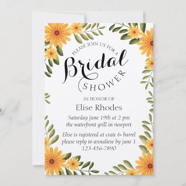 Rustic bright yellow sunflower bridal shower invitation (Front)