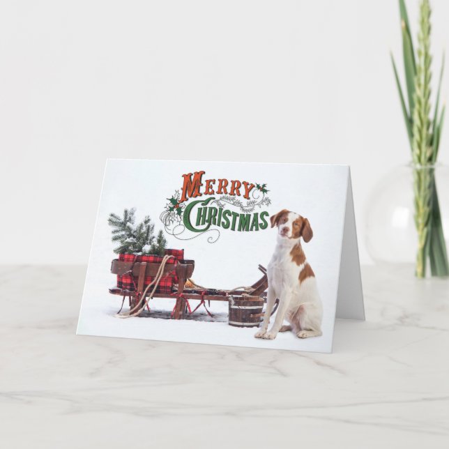 Rustic Brittany Spaniel Christmas Holiday Card (Front)