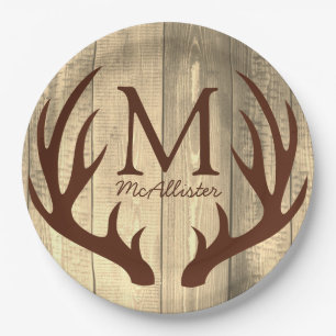 Rustic Brow Deer Antlers Antique Wood Paper Plate