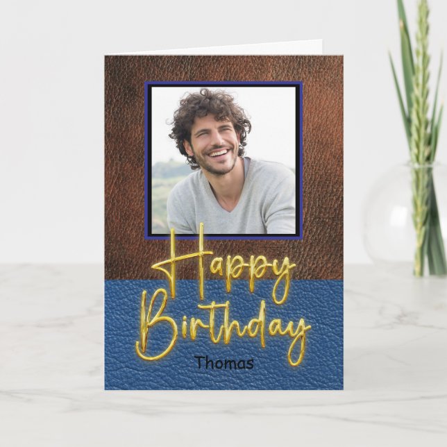 Rustic Brown and Blue leather Gold Script Birthday Card (Front)