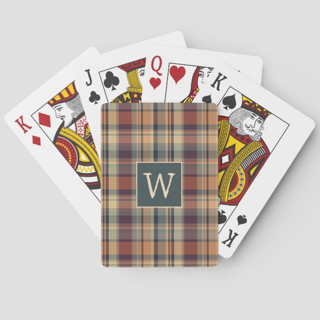 Rustic Brown and Cream Plaid Monogram Playing Cards (Back)
