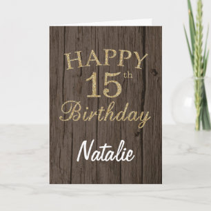 Rustic Brown and Gold Glitter 15th Birthday Card