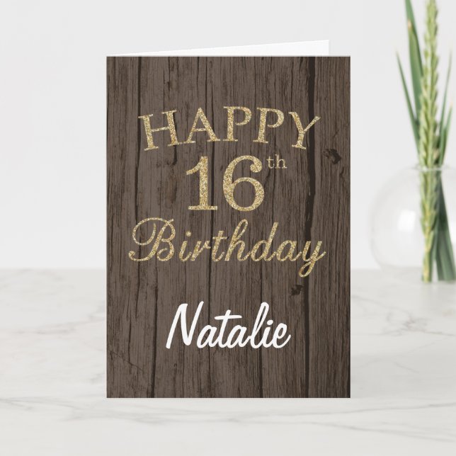 Rustic Brown and Gold Glitter 16th Birthday Card (Front)