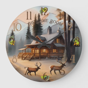 Rustic Brown and Grey Watercolor Log Home Large Clock