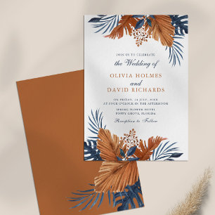 Rustic Brown and Midnight Blue Leaves Wedding Invitation