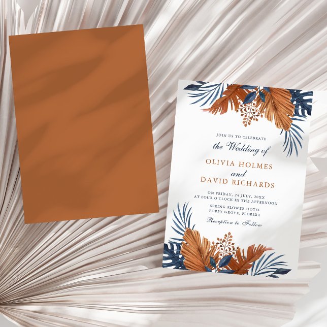 Rustic Brown and Midnight Blue Leaves Wedding Invitation (Rustic Brown and Midnight Blue Leaves Wedding Invitation on a sunny neutral dry palm leaf.)