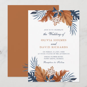 Rustic Brown and Midnight Blue Leaves Wedding Invitation